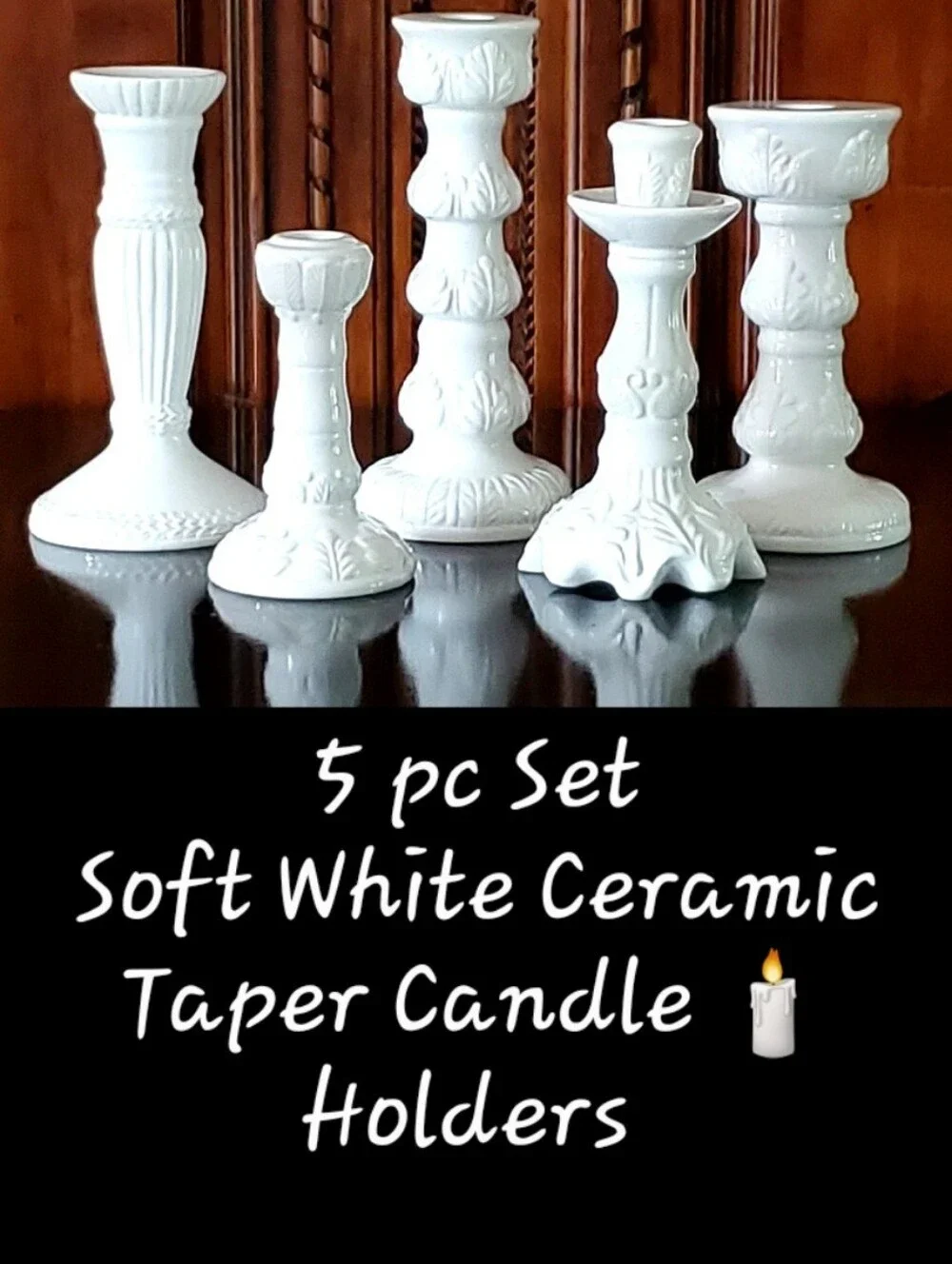 5 Pc Set White Various Design Ceramic Taper Candle Holders Varying Sizes